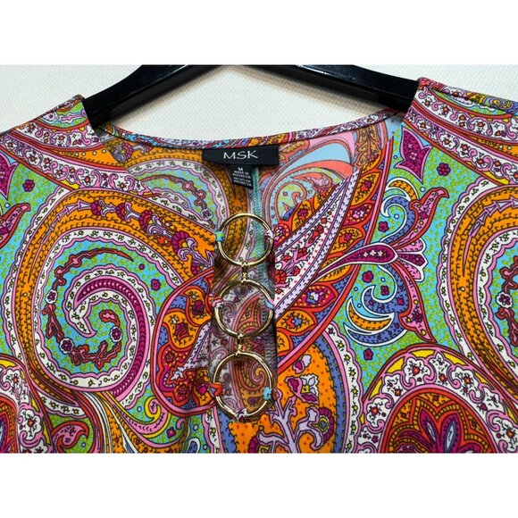 MSK Womens Paisley Short Sleeve Dress With Gold Rings & V-Neckline - Picture 4 of 12